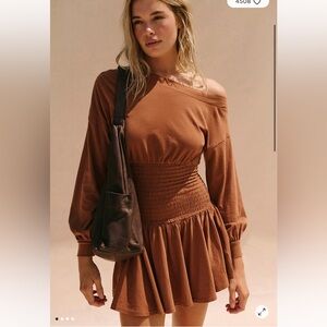 Free People Rust Long-Sleeve Smocked-Waist Mini Dress